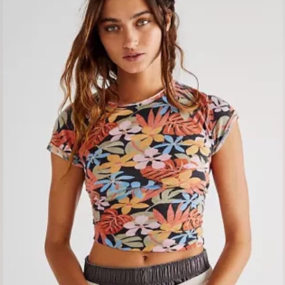 Free People We The Free Be My Baby Printed Tee in a black tropical floral print